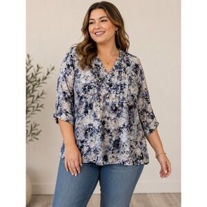 Rose + Olive Plus Size 1X Blue Floral Abstract Blouse 3/4 Sleeve V-Neck Tunic